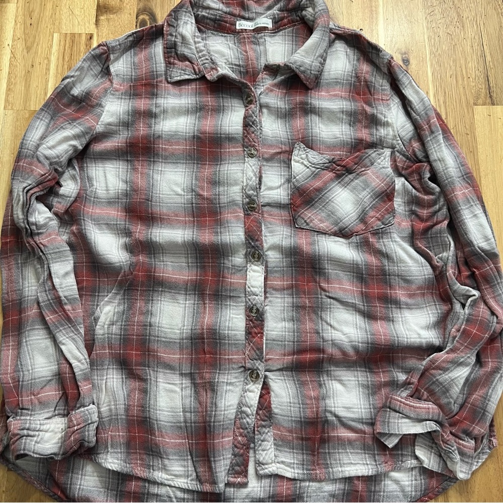 Becool Women’s Red Gray Plaid Button Down Flannel Shirt Size L